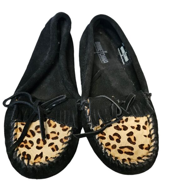 Minnetonka Leopard Kilty Moccasins Calf Hair Slip On 6.5 - Picture 3 of 5
